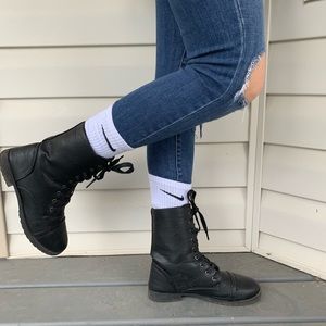 Black Combat Boots - Lace up - Faux Leather
